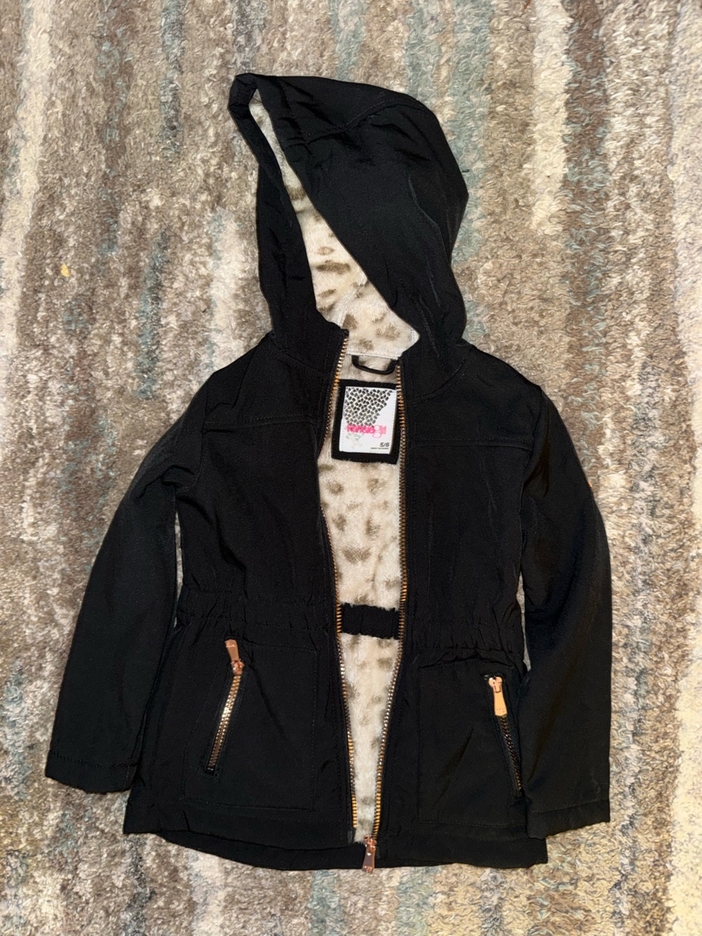 Kensie Girl Black Hooded Bomber Jacket with Faux Leopard Lining and Gold Zippers